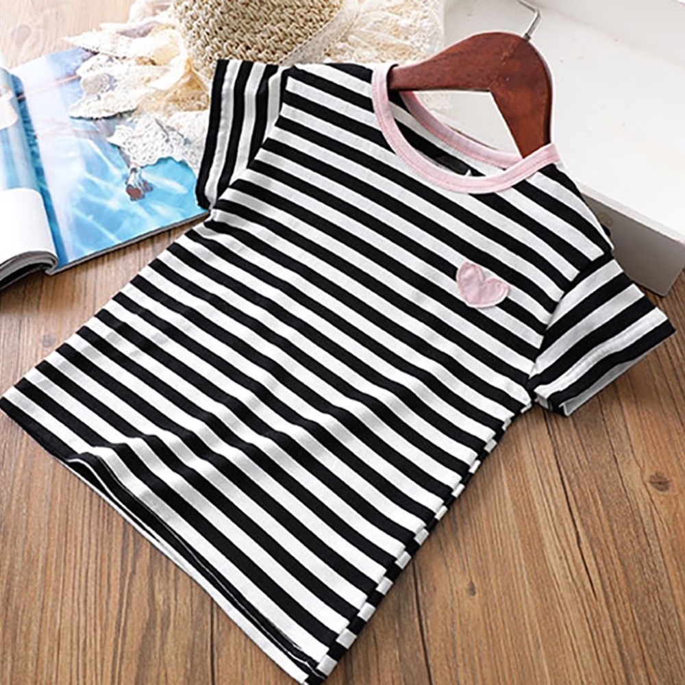Little Girls Striped Crewneck Heart Tees Black